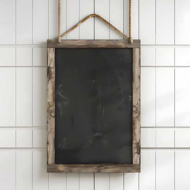 Photo blank blackboard hanging on wooden wall mock up 3d rendering