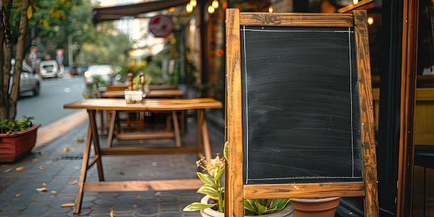 A blank blackboard sign awaits outside a restaurant to showcase the daily specials Concept Restaurant Signage Daily Specials Chalkboard Art Outdoor Marketing
