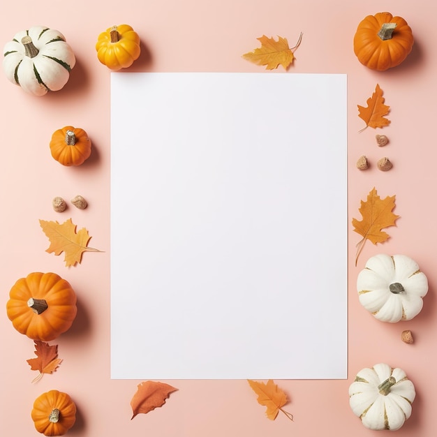 Blank blad papier met Halloween decoraties op pastel achtergrond Groetekaart uitnodiging mockup Plaats voor inscriptie Pompoen Moderne Minimal zakelijke sjabloon top view Holiday Concept