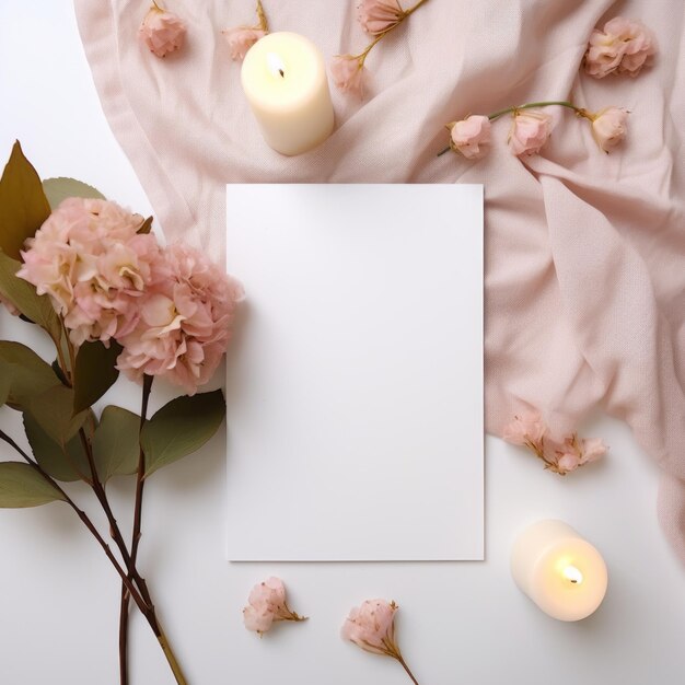 Blank blad wit papier op een witte tafel met roze stofbloemen en witte kaarsen