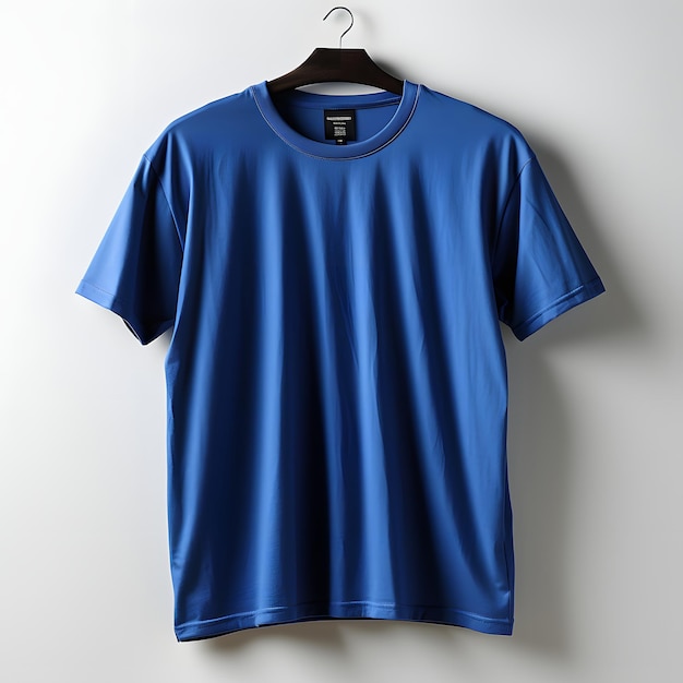 Blank blauw T-shirt met hanger op witte achtergrond korte mouwen T-shirt
