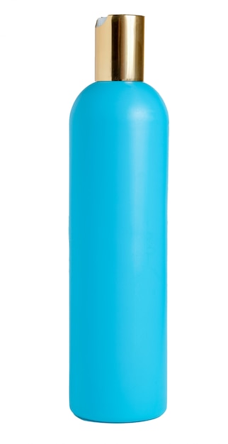 白い背景上に分離されて空白の青いプラスチック製のボトル。化粧品、シャンプー用包装材。