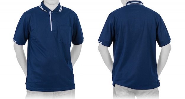 Photo blank blue polo shirt (front, back) on white
