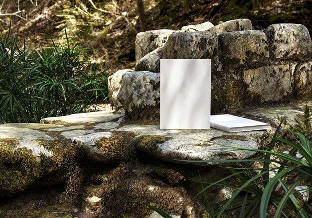 Blank book model on ancient ruins notebook mockup mockup on nature background 04