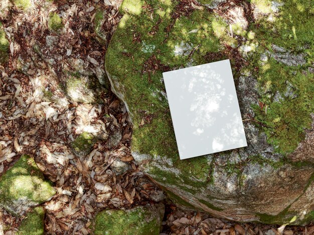 Фото Модель пустой книги на замшелой скале, макет ноутбука, макет на фоне природы 2