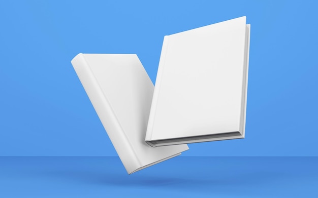 Photo blank books isolated ob blue background flying two hadcover replace your design d rendering