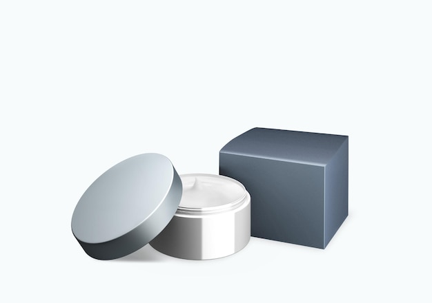 Foto modello di barattolo di cosmetici grigio brillante vuoto su sfondo bianco con crema di macchiatura nell'angolo di vista anteriore illustrazione 3d