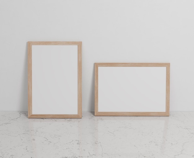 A blank bright wooden frame hangs on the white wall background, a3, a4, 3d rendering, 3d illustratio