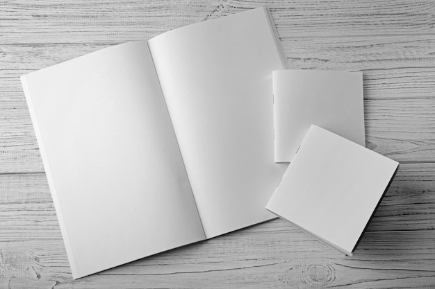 Blank brochures on light wooden background