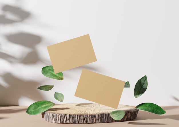 Blank brown cardboard business cards with leaves and plants shadows on white background Natural mockup for branding identity Two cards to show both sides Template for graphic designer 3D rendering