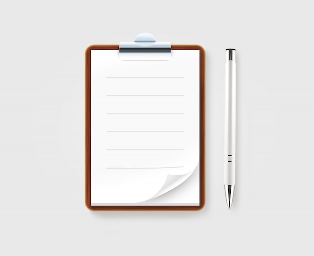 Blank brown clipboard with white paper and pen