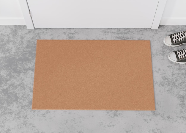 Blank brown door mat on the floor at home Welcome mat with copy space for your text Doormat mock up Carpet at entrance for wiping dirty shoes Mockup 3D Rendering