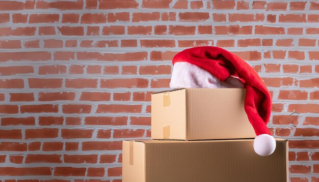 Photo blank brown freight box with santa claus hat on top brick wall with christmas lights