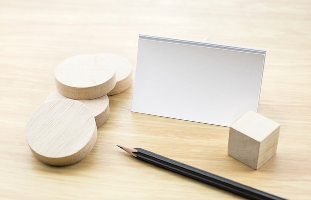 Blank Business card Mock up with blank wooden round piece and pencil