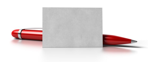 Blank business card over white background with a red ball point pen