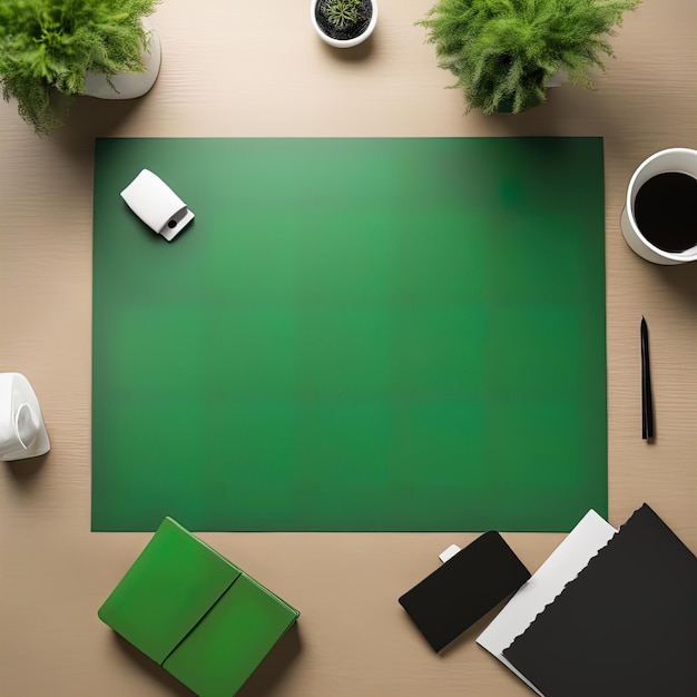 blank business cards on green table flat lay space for textmockup view of a workspace with a lapto