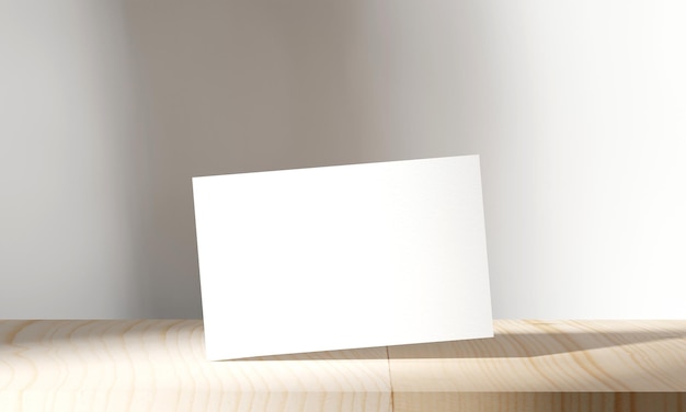 Mockup di biglietti da visita vuoti su tavola di legno ombra soleggiata sullo sfondo della parete rendering di illustrazioni 3d