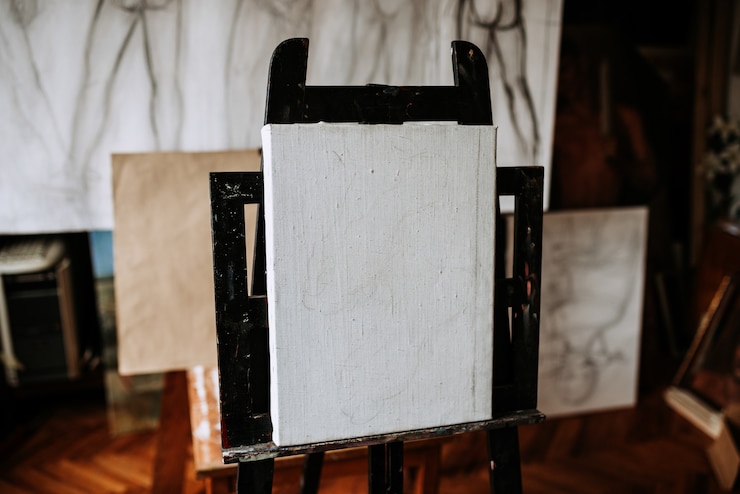 Photo blank canvas. artistic equipment in a artist studio.