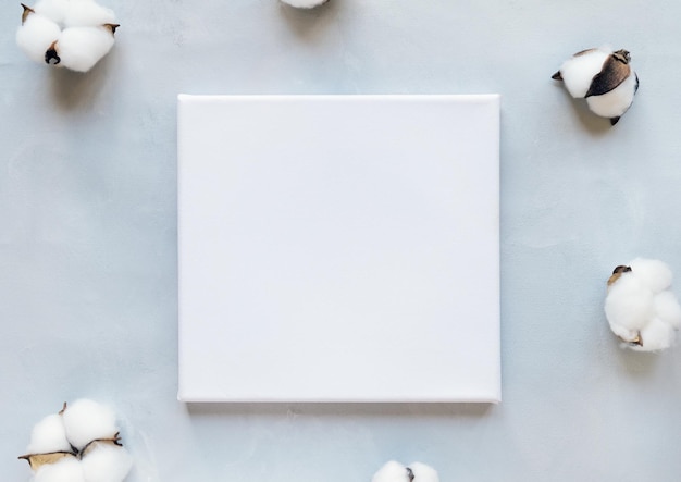 Blank canvas board and fluffy cotton balls on grey background