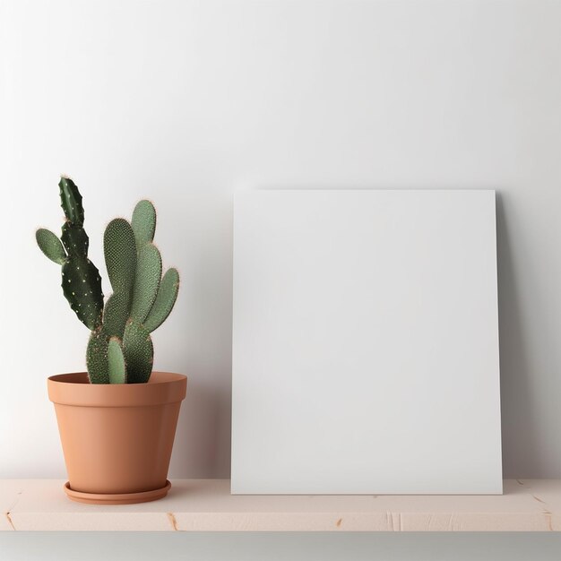 Photo blank canvas and cactus on a shelf