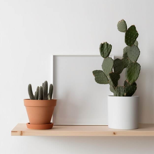 Photo blank canvas and cactus on a shelf