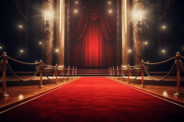 blank canvas on easel in front of a red carpet and metal railings at a theatre