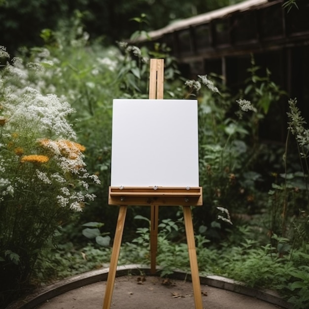 Photo blank canvas on easel in the garden generative ai