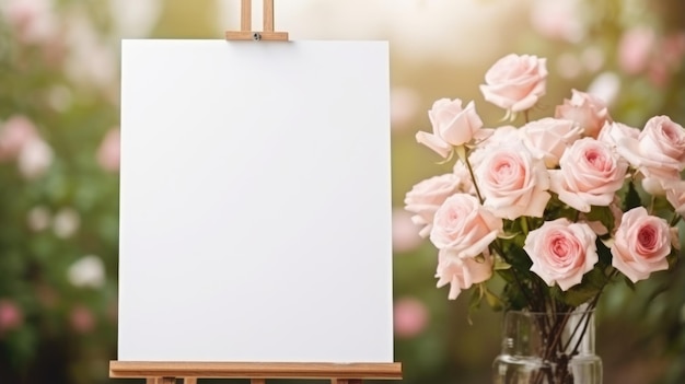 Photo blank canvas on an easel in a garden with roses copy space