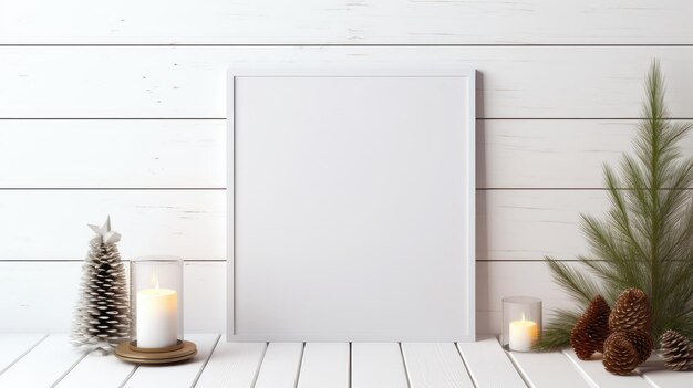 Photo blank canvas for greetings the lamp and fir sprig against the white wooden background a large open space on the left this blank canvas is perfect for adding personalized holiday greetings or messages