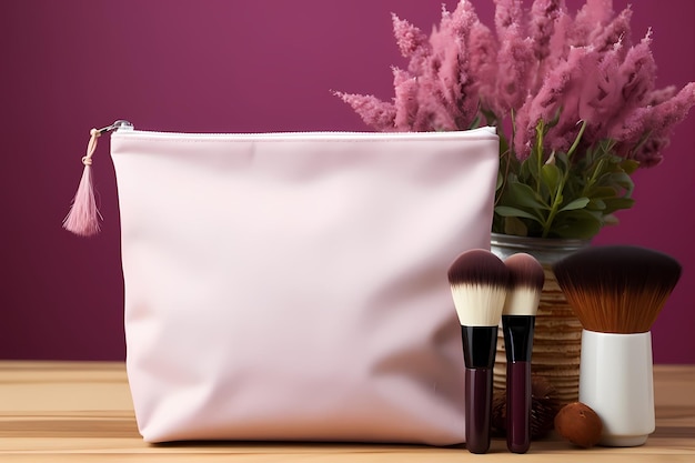 Blank canvas makeup bag mockup on a pastel background Natural loght Template for custom designxA