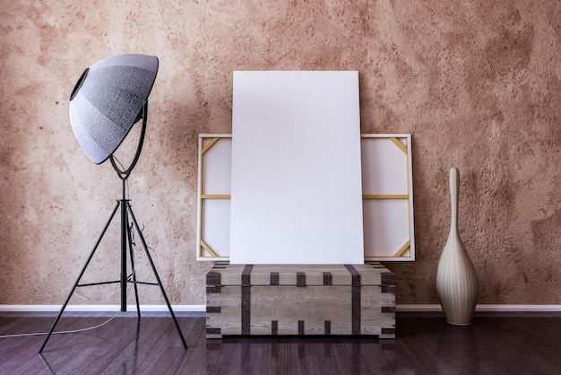 Photo blank canvas on an old crate room lighting and decoration