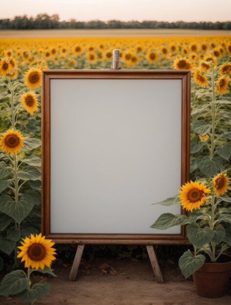 Photo blank canvas poster mockup frame with sunflower background