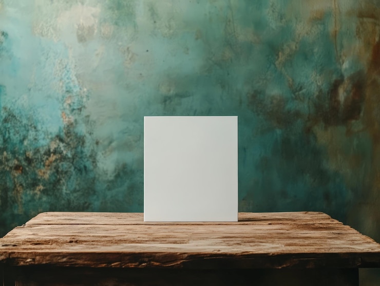 Photo a blank canvas on a rustic wooden table against a textured teal background