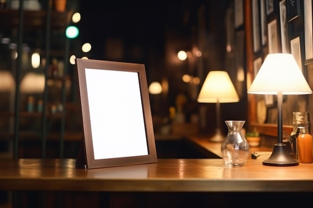 A blank canvas sits on a desk next to a plant.