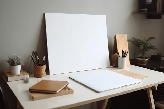 A blank canvas sits on a desk next to a plant.