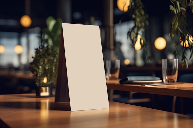 Photo a blank canvas sits on a table in a restaurant.