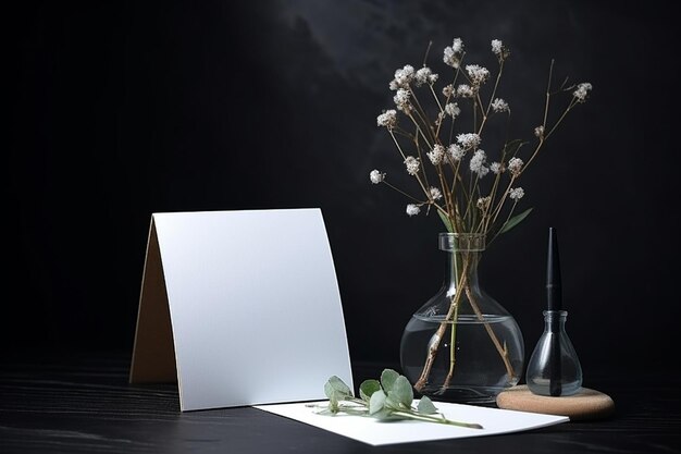 A blank canvas sits next to a vase of flowers and a vase of eucalyptus.