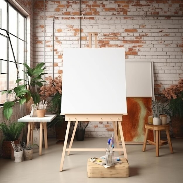 A blank canvas sits on a wooden easel in a room with plants and a window.