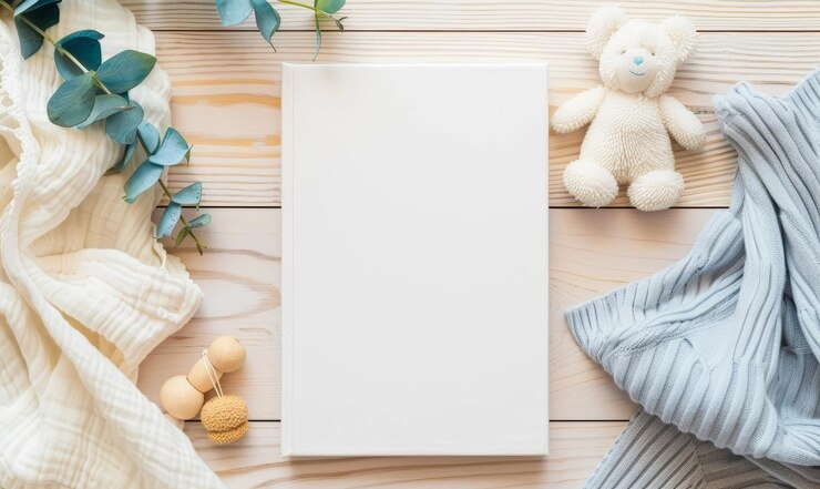 Photo a blank canvas surrounded by baby accessories on a wooden backgr