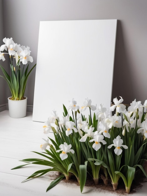 A blank canvas with a white palette surrounded by blooming white irises