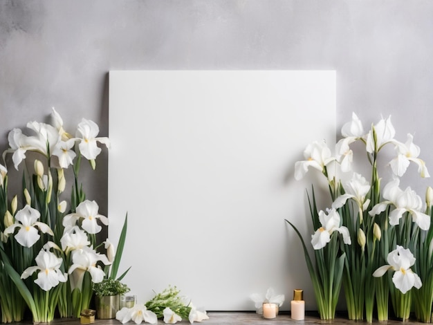 A blank canvas with a white palette surrounded by blooming white irises