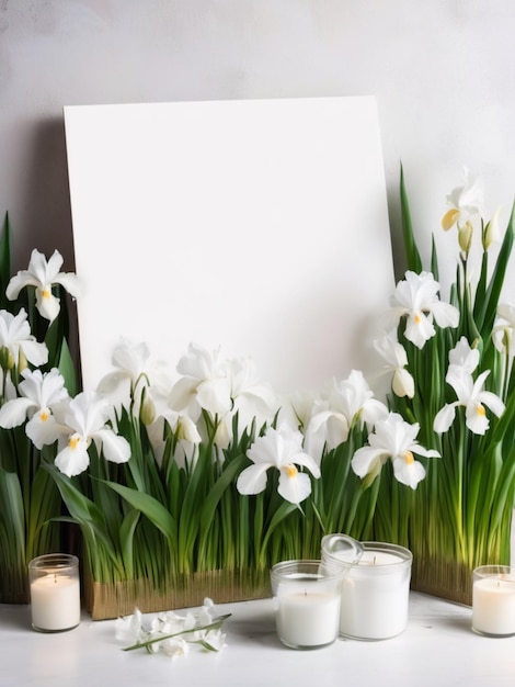 A blank canvas with a white palette surrounded by blooming white irises