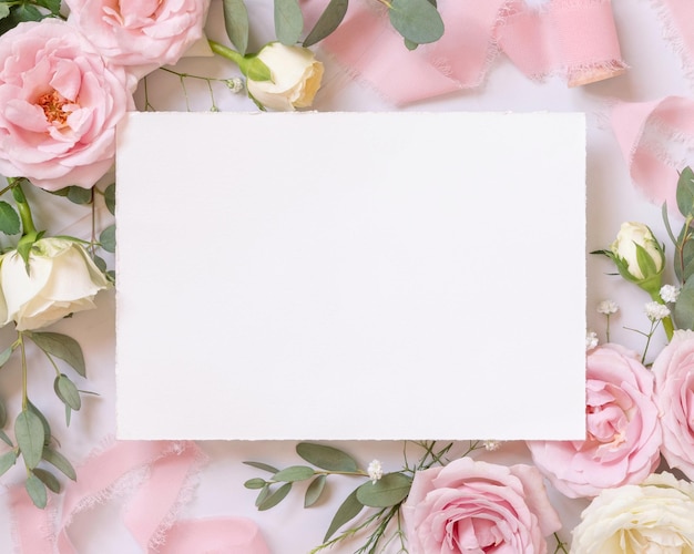 Фото Пустая карточка между розовыми розами и розовыми шелковыми лентами на мраморном свадебном макете сверху