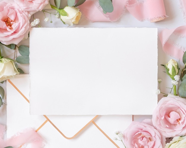 Пустая карточка между розовыми розами и розовыми шелковыми лентами вид сверху свадебный макет