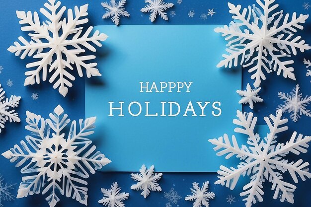 Blank card on blue snowflake background happy holidays