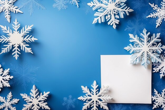 Blank card on blue snowflake background happy holidays