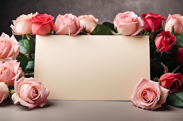 Photo blank card for congratulations with roses