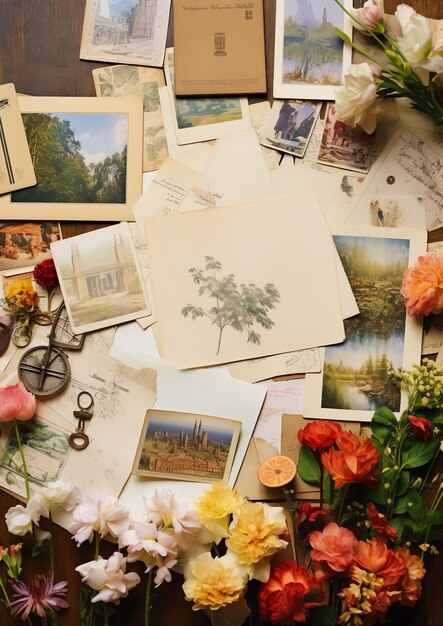 Foto una carta bianca esposta in mezzo a una collezione di cartoline d'epoca per un evento a tema di viaggio romantica