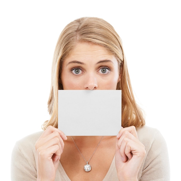Photo blank card and face of woman with sign for question or poster in white background and mockup studio space and person with a empty signage for information on choice decision or cardboard paper