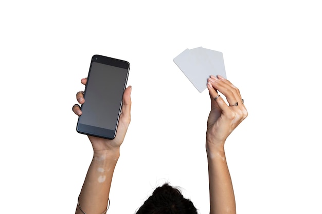 Blank card mobile phone in hand for mockup with clipping path isolated on white background